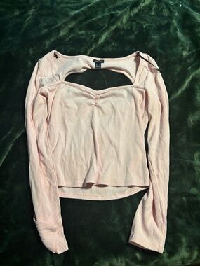 Forever 21 Light Pink Ribbed Long-Sleeve Cutout Top